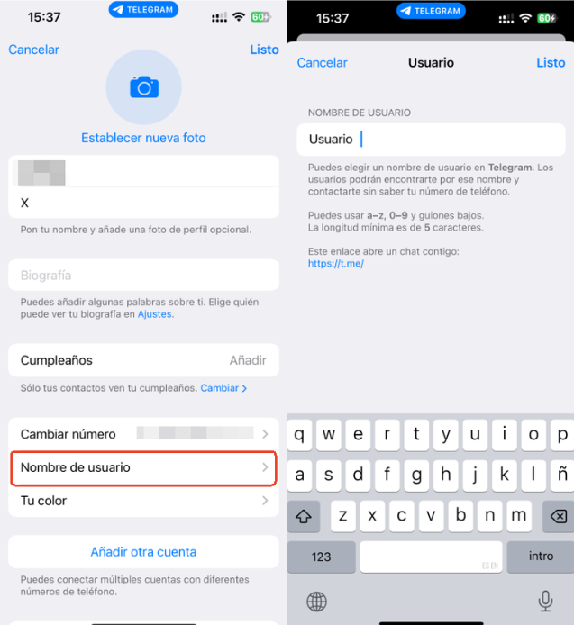eliminar nombre de usuario en Telegram