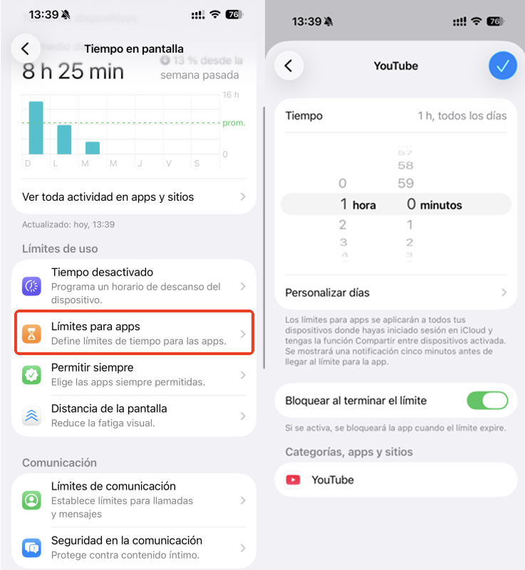 establecer límite de tiempo en YouTube con Tiempo de uso
