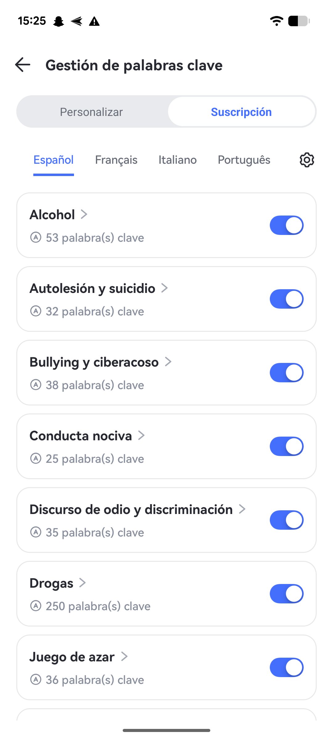 Habilita las categorías que contienen las palabras clave