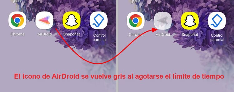 El icono de la aplicación se vuelve gris al agotarse el tiempo; no permite entrar para solicitar más tiempo