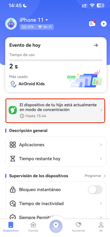 ícono de estado de concentración en AirDroid Parental Control