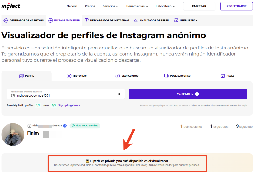 inflact no puede ver cuenta privada de instagram