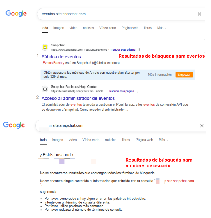 no hay resultados para buscar nombre de usuario frente a resultados para buscar evento en Snapchat