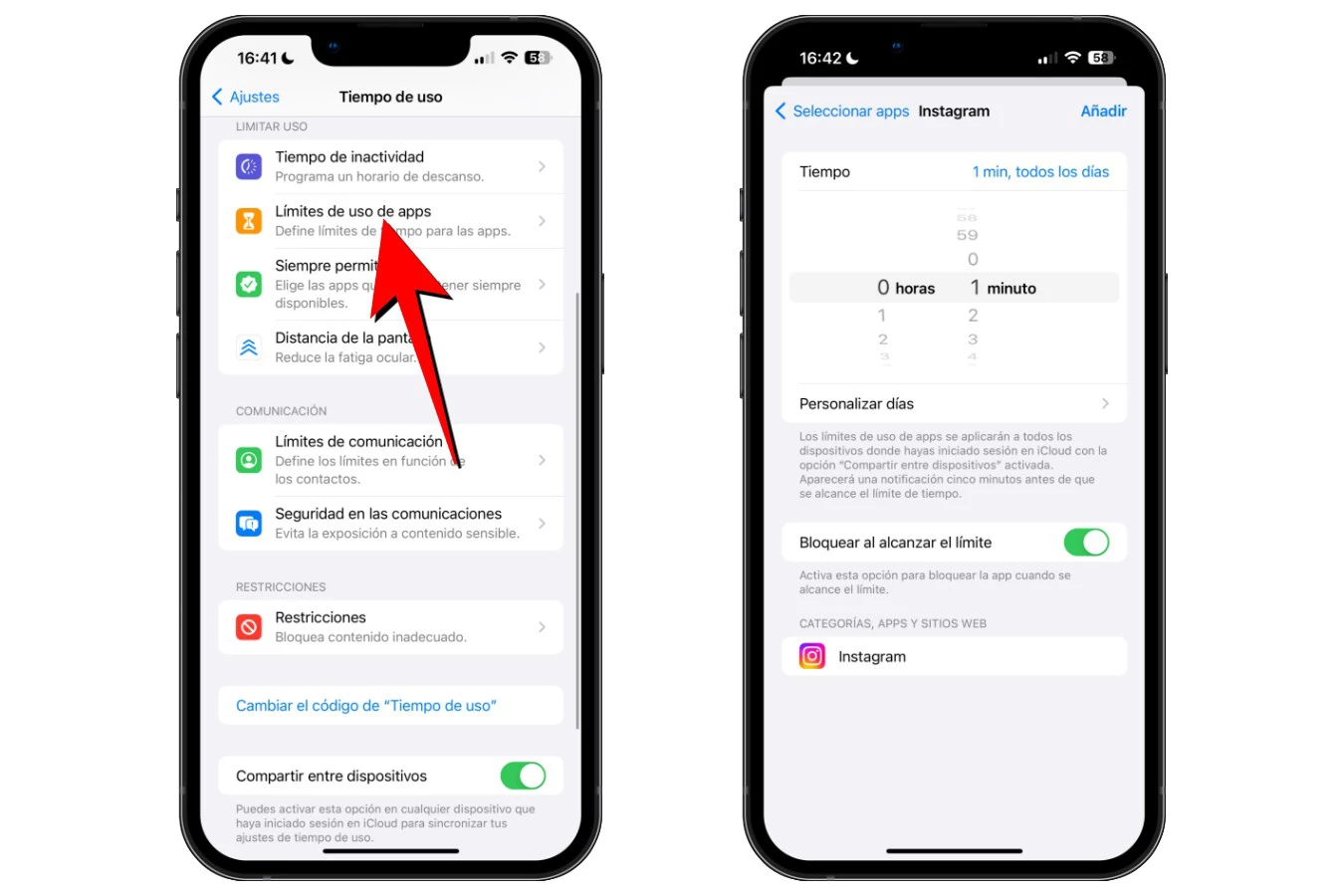 tiempo de pantalla para poner contraseña a instagram