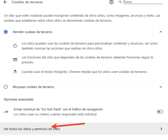ver todos los datos y permisos de sitios en Chrome
