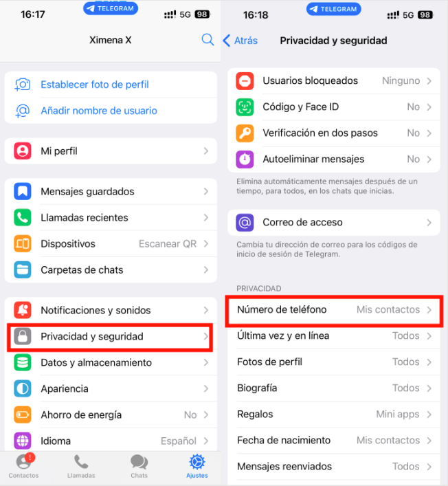 controlar la privacidad de Telegram
