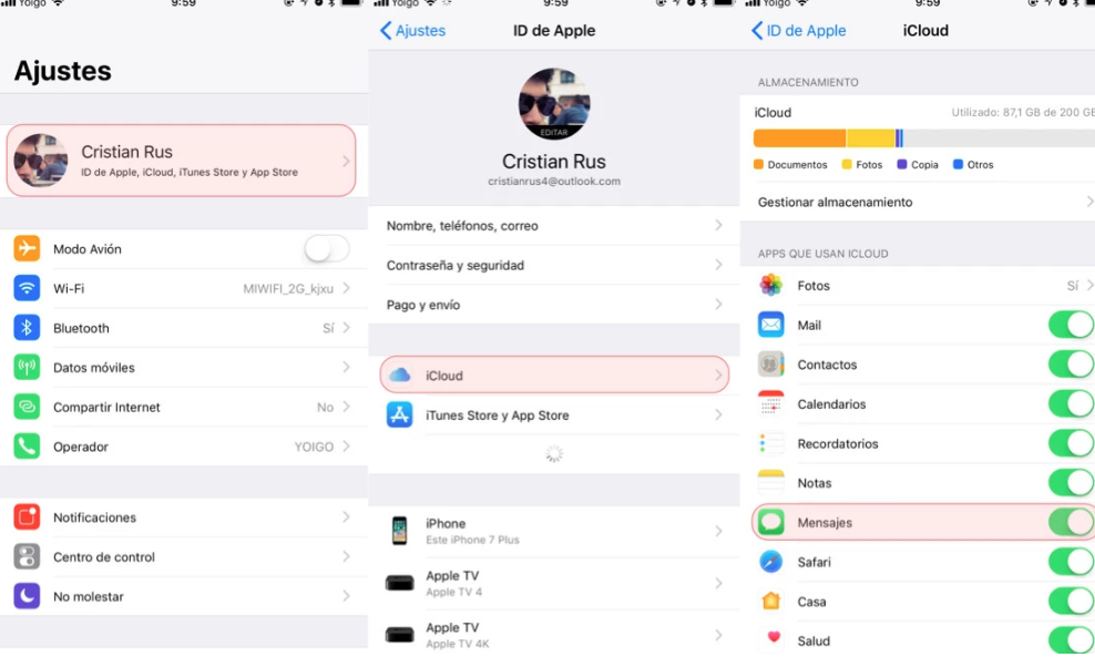 sincronizar mensaje en icloud