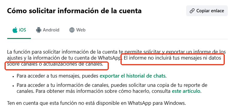solicitar info de cuenta whatsapp no incluye mensajes