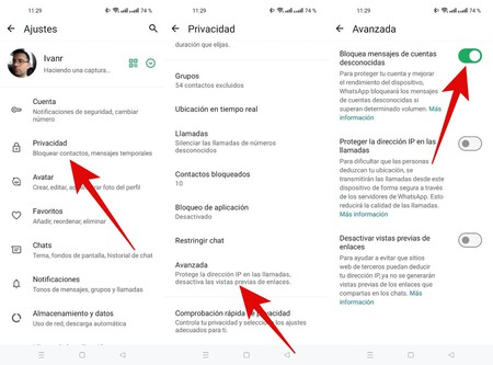 Bloquea los mensajes de cuentas desconocidas en whatsapp