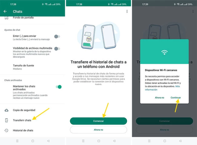 Transferir chat con la función de WhatsApp