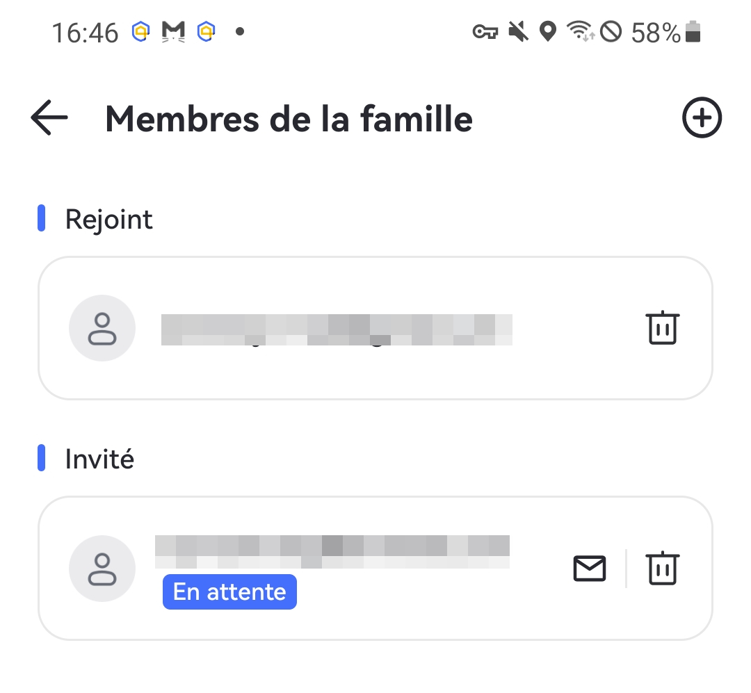 appuyer sur l'icône + pour inviter plus de membres de la famille