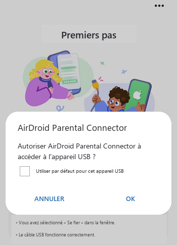 appuyer sur OK sur Android pour permettre à AirDroid Parental Connector d'accéder à l'appareil USB