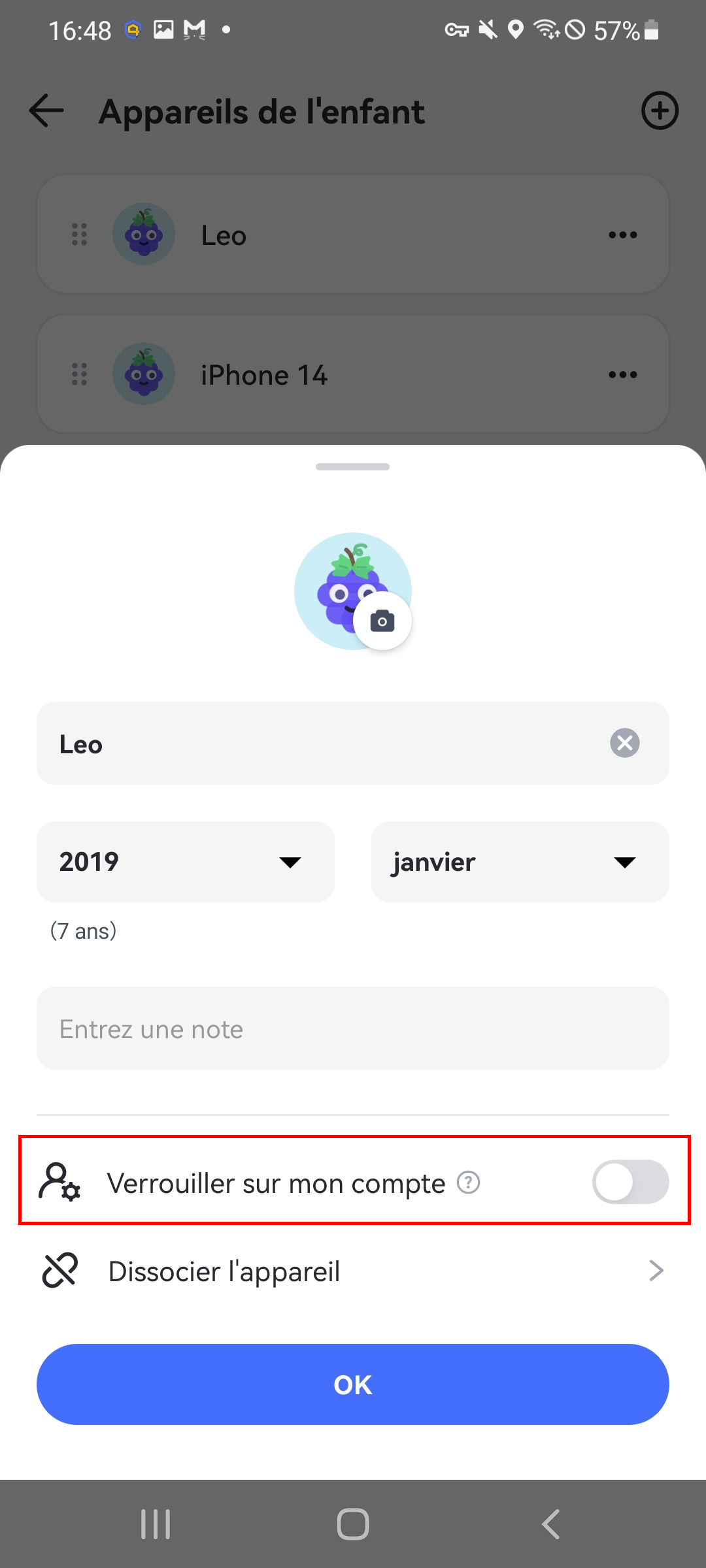 sélectionner Verrouiller sur mon compte