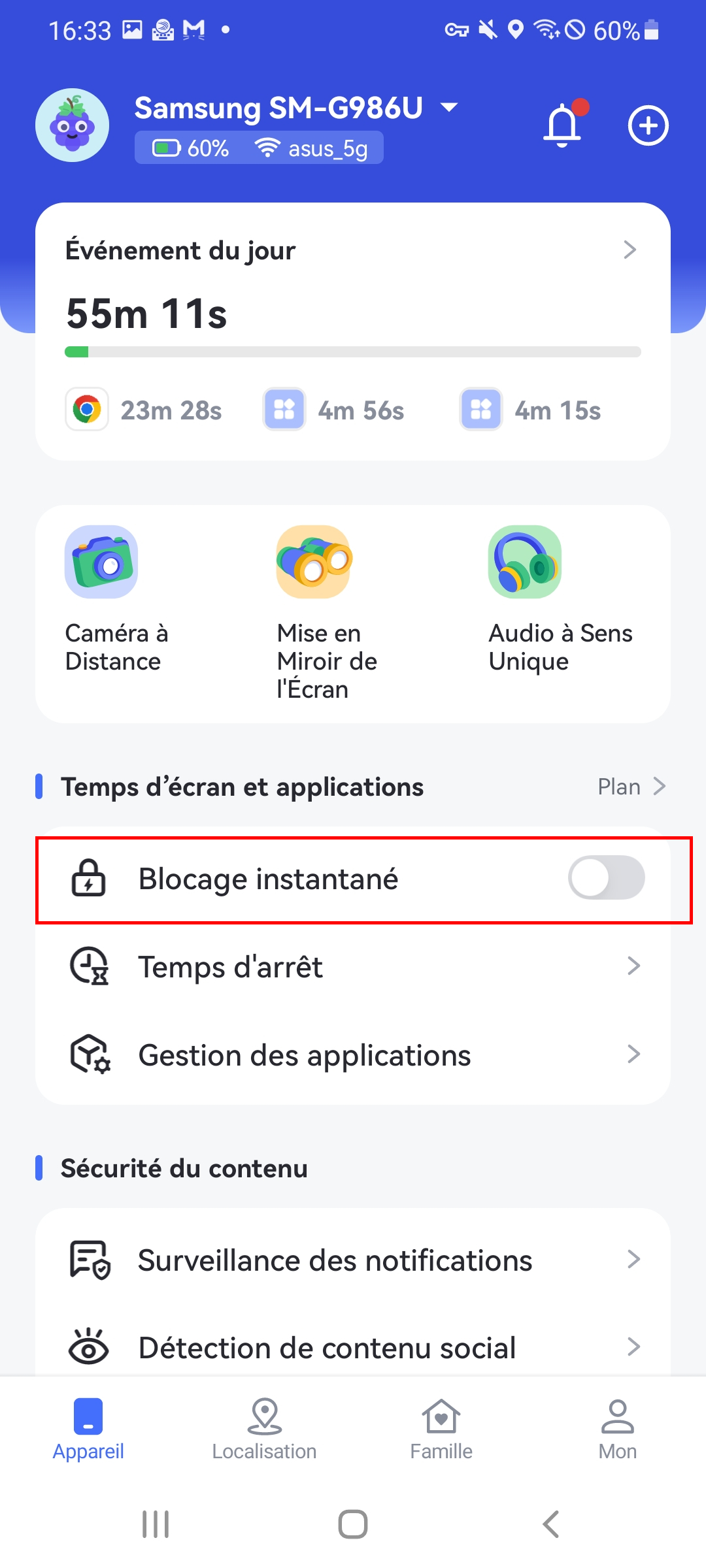 appuyer sur blocage instantané
