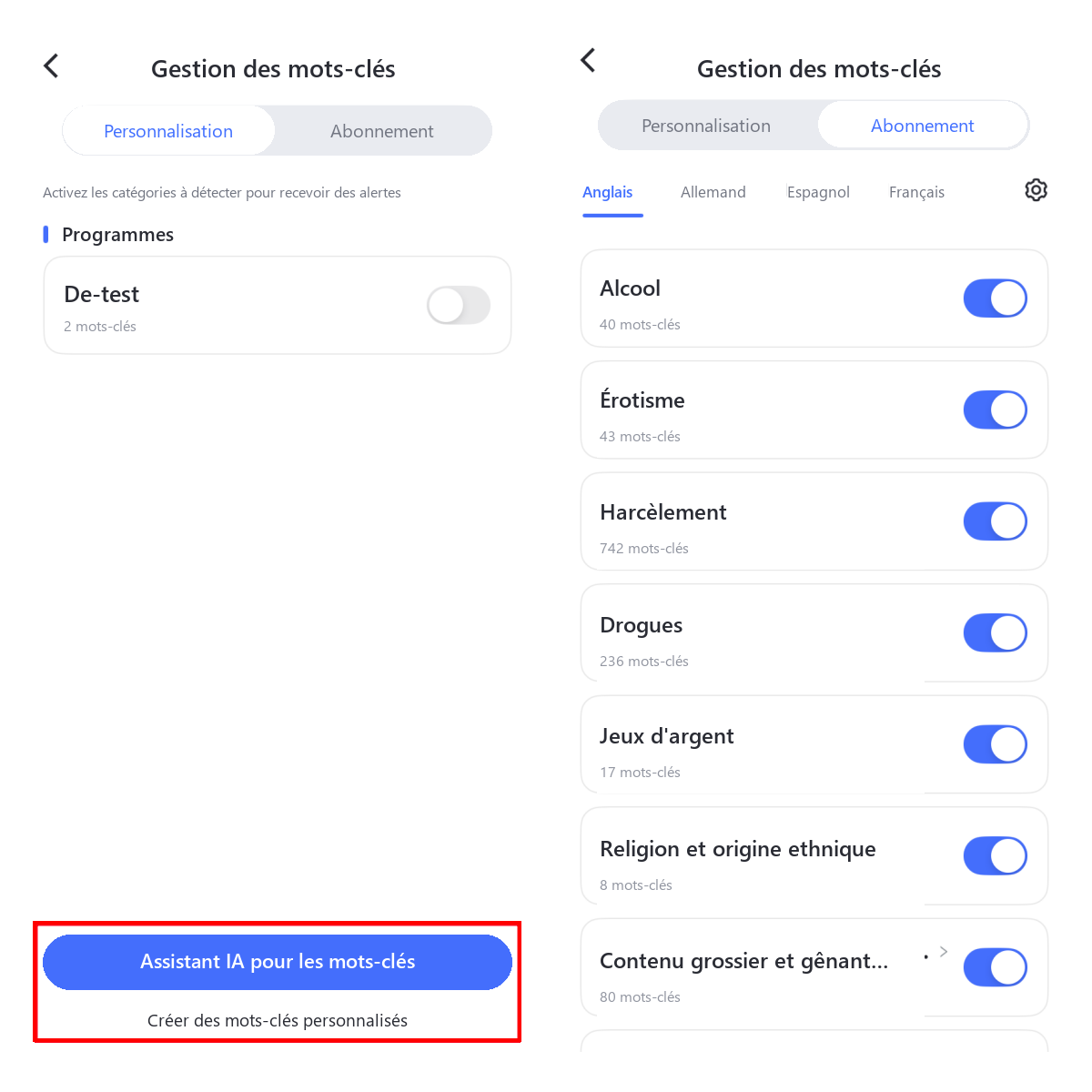 appuyer sur Gestion des mots-clés