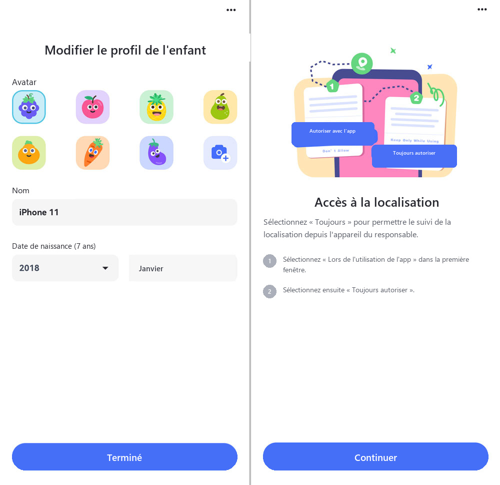 modifier le profil de l'enfant et activer l'autorisation de localisation
