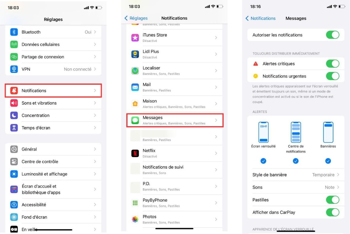 Activer les notifications messages iPhone