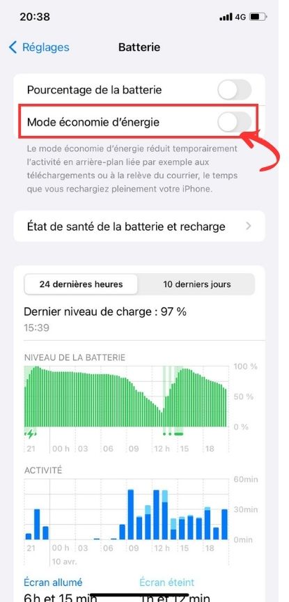 Désactiver mode économie d'énergie iPhone
