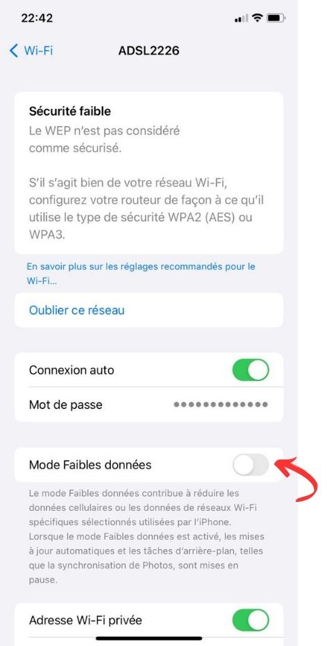 Désactivez le mode « données faibles » iPhone