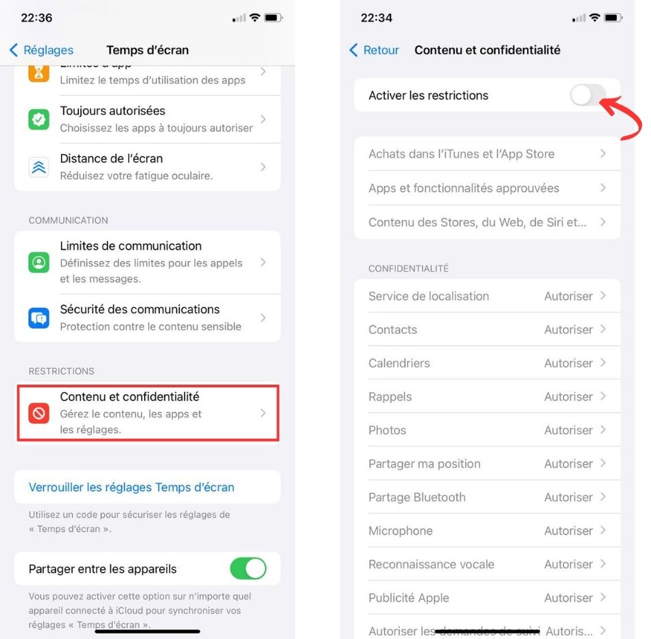 Désactiver les restrictions de contenu et de confidentialité iPhone