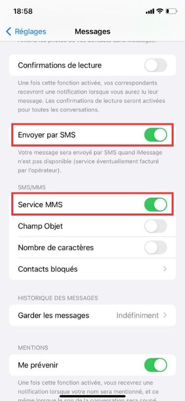 Activer service SMS et MMS iPhone