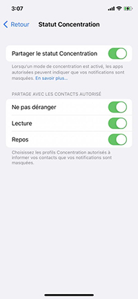 Partager le statut concentration iPhone