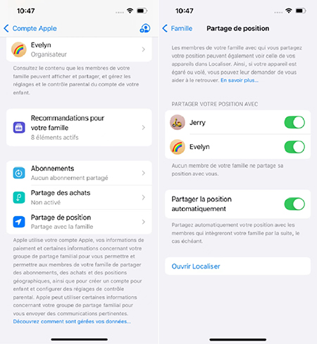 Séléctionnez « Partage De Position » sur iPhone