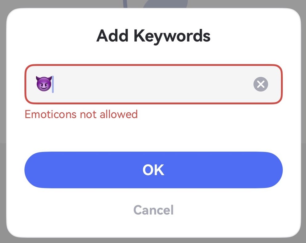 Message Emoticons not allowed lors de l’ajout d’un emoji comme mot-clé