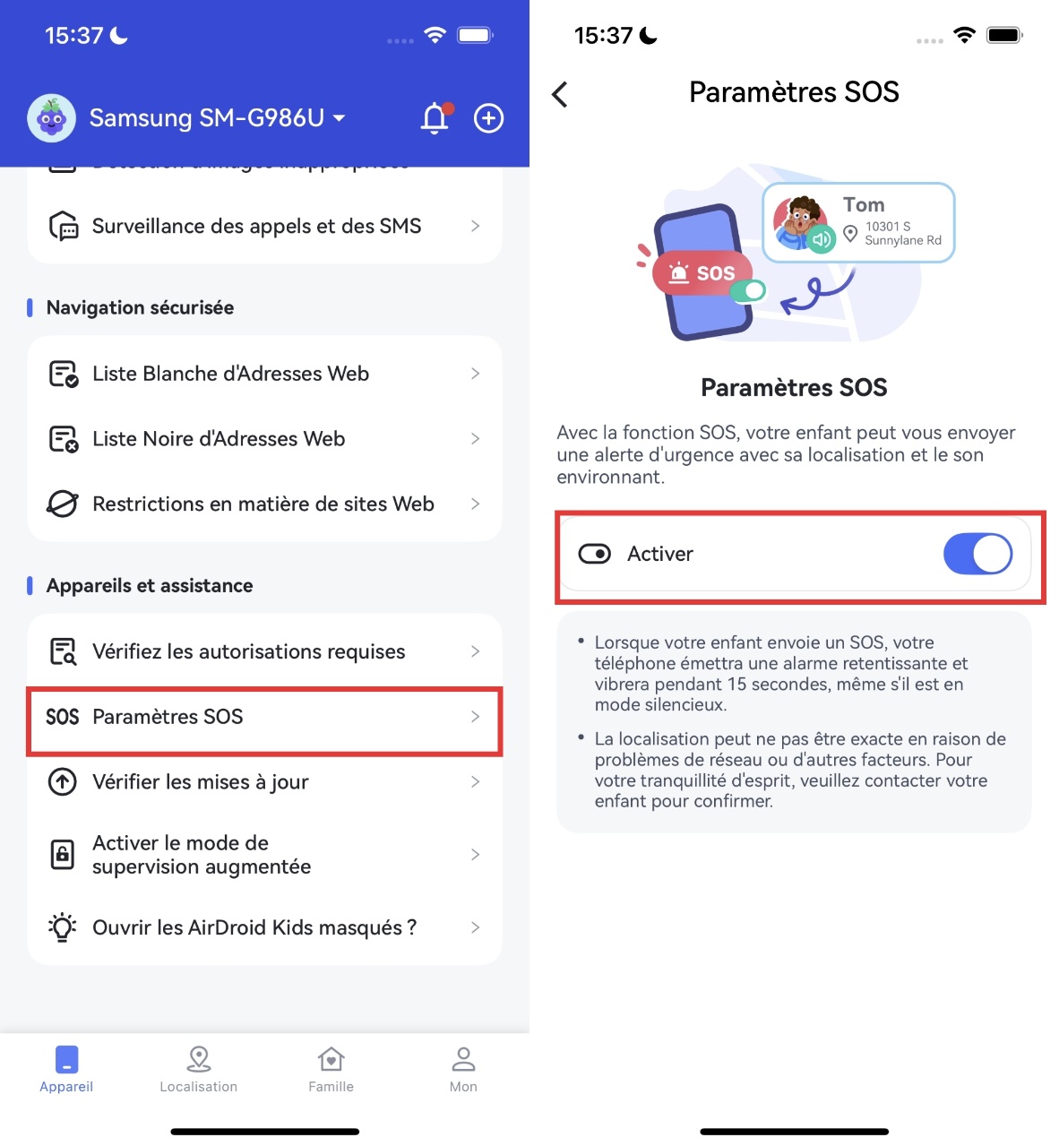 activer les paramètres SOS