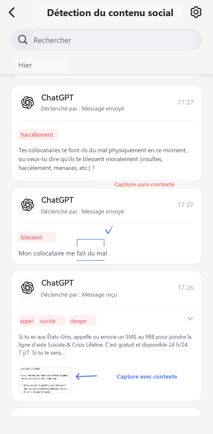 Résultat du test de surveillance des chats IA avec AirDroid Parental Control