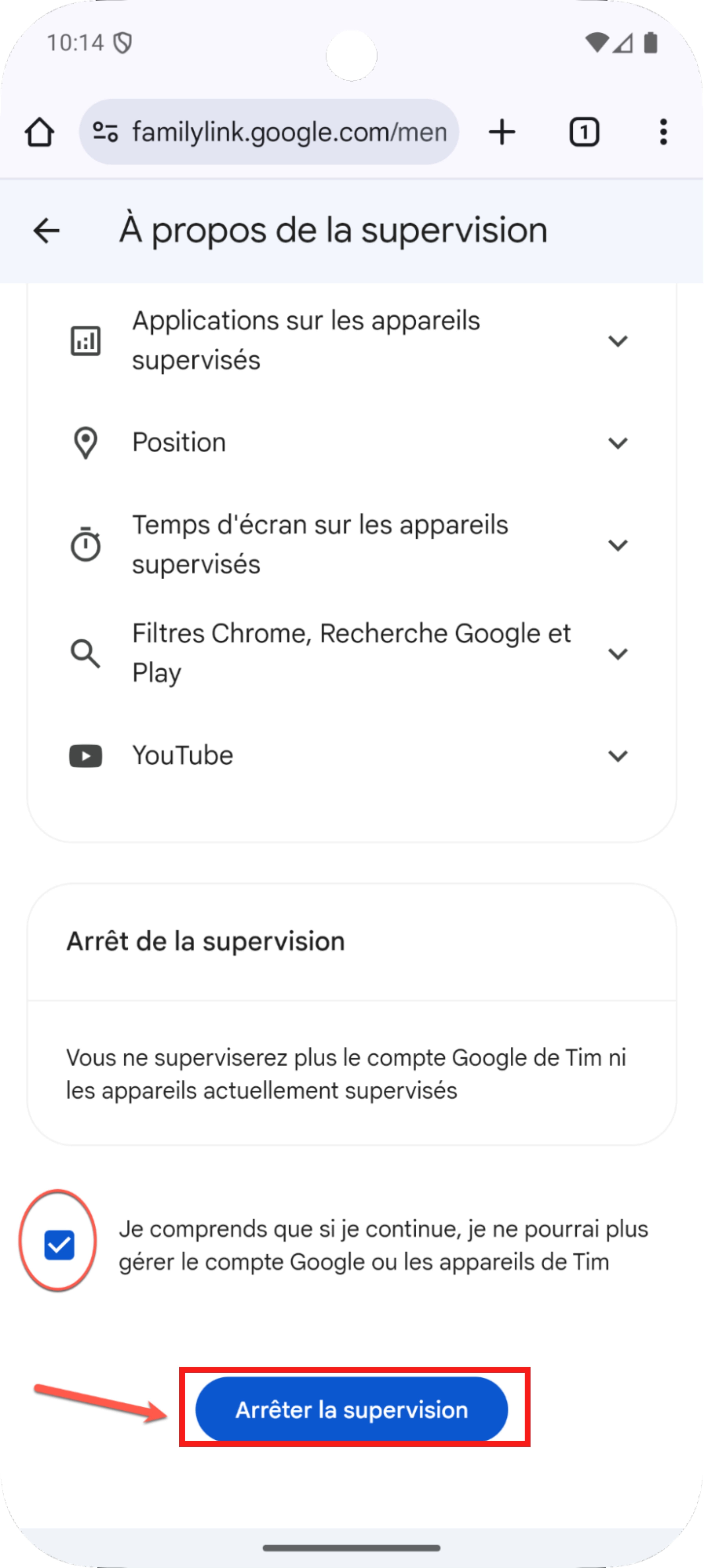 Arreter la supervision Family Link