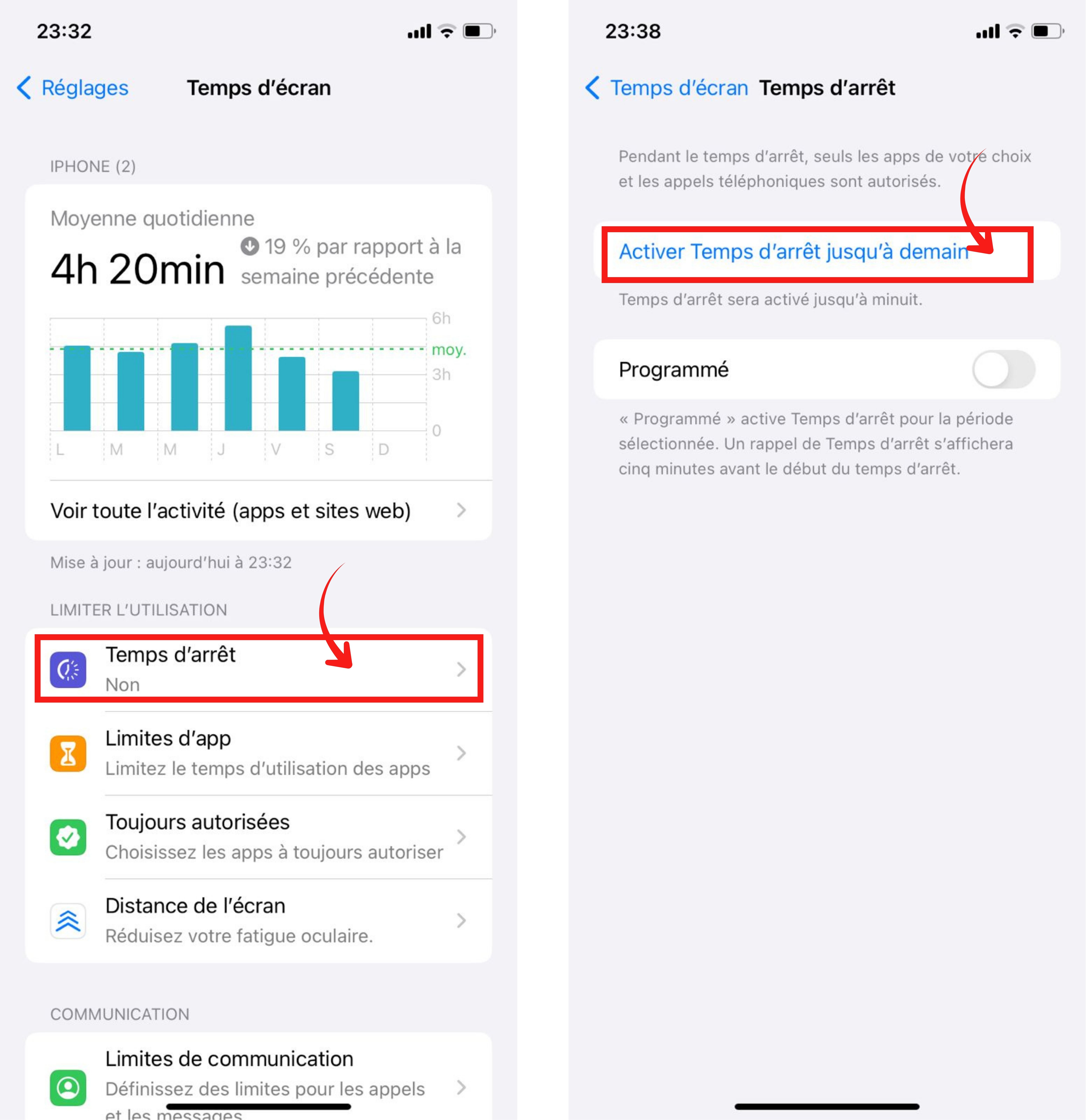 Activer le temps d'arrêt sur iPhone