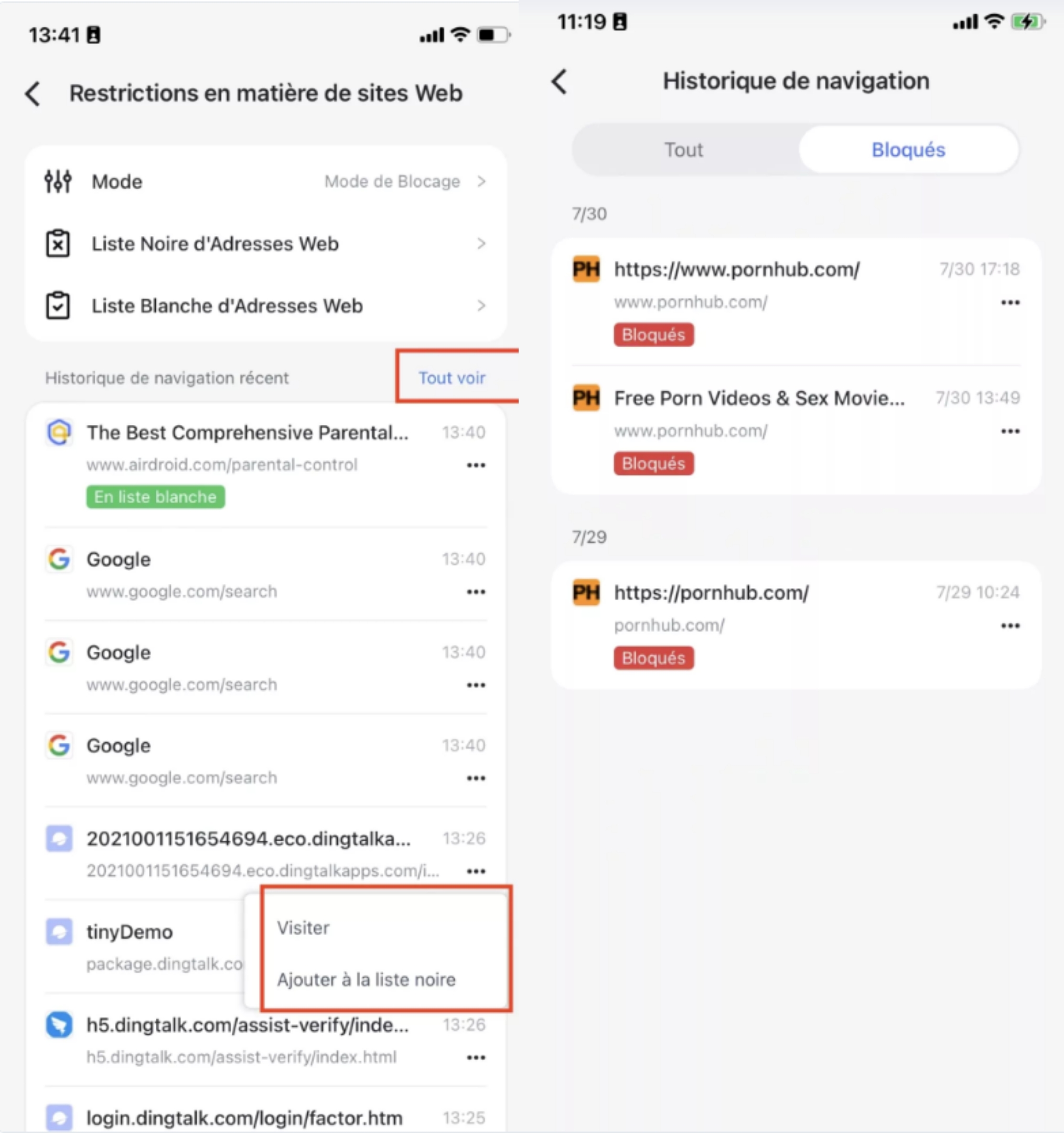 AirDroid Parental Control bloquer des sites web