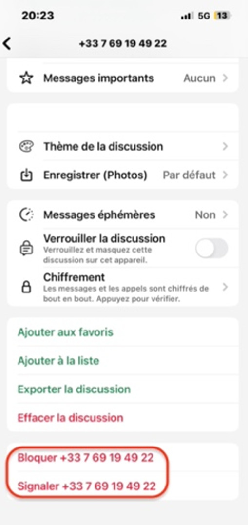 Bloquer ou Signaler inconnu WhatsApp