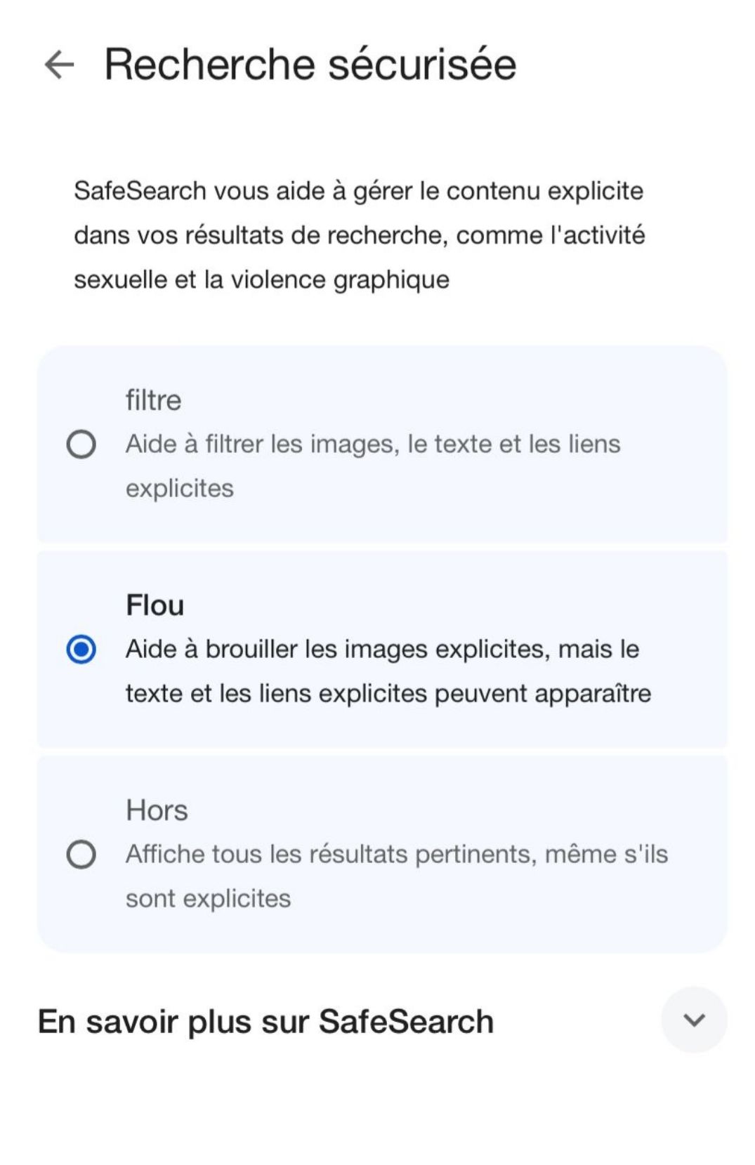 Niveau flitre SafeSearch surPC