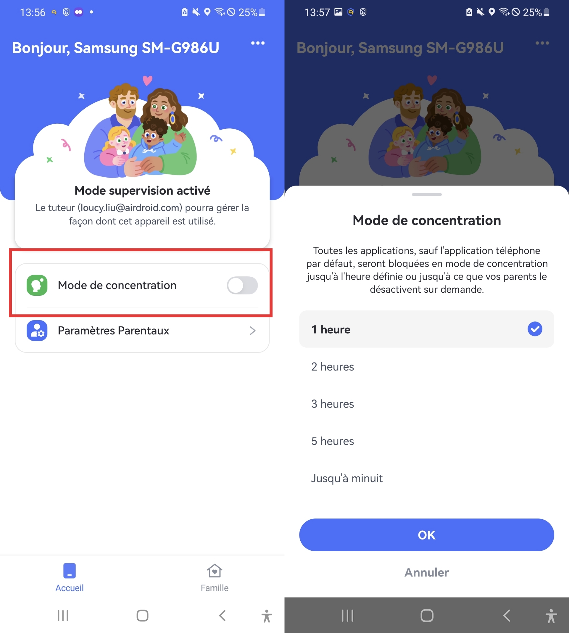 Configurer le temps du mode concentration