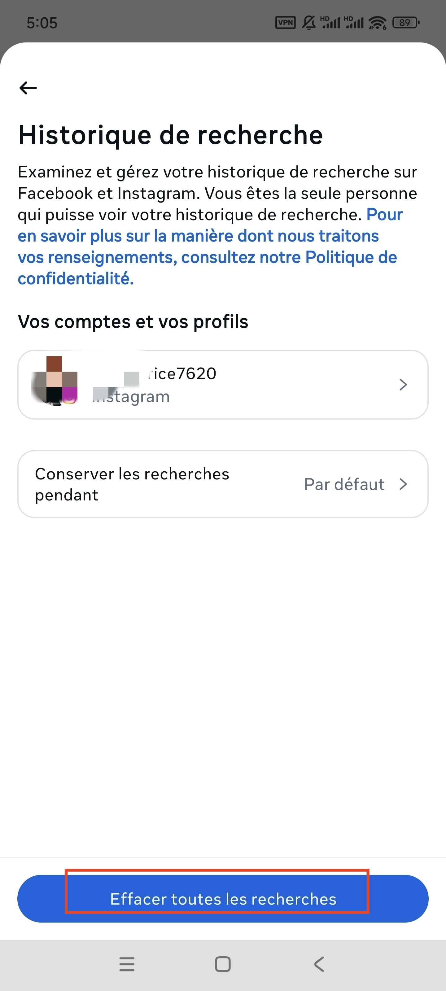 Effacer toutes les recherches Instagram