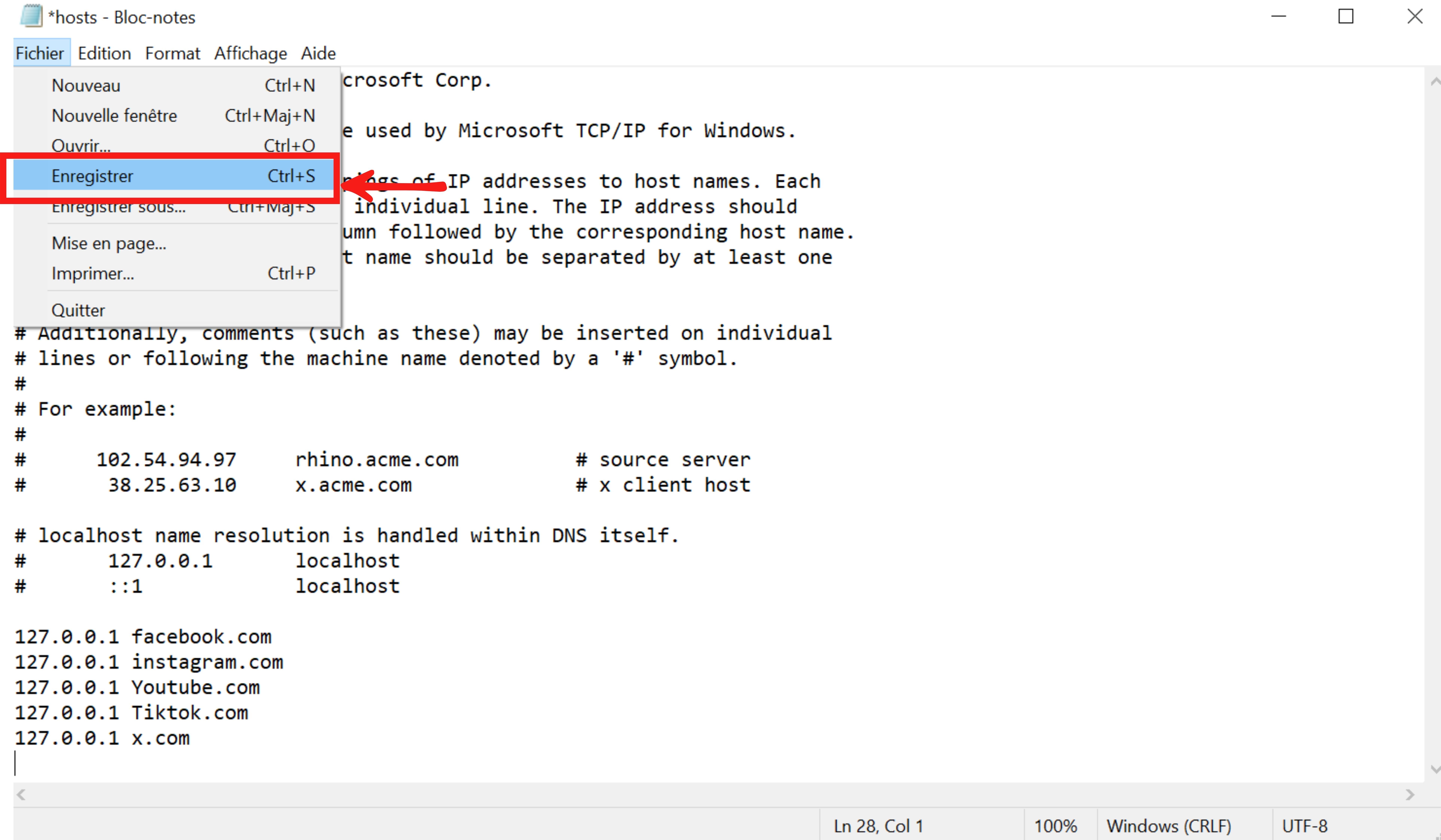 Enregistrer modification fichier hosts Windows