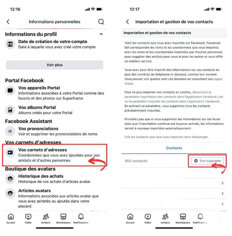 Gérer contacts importés par Facebook
