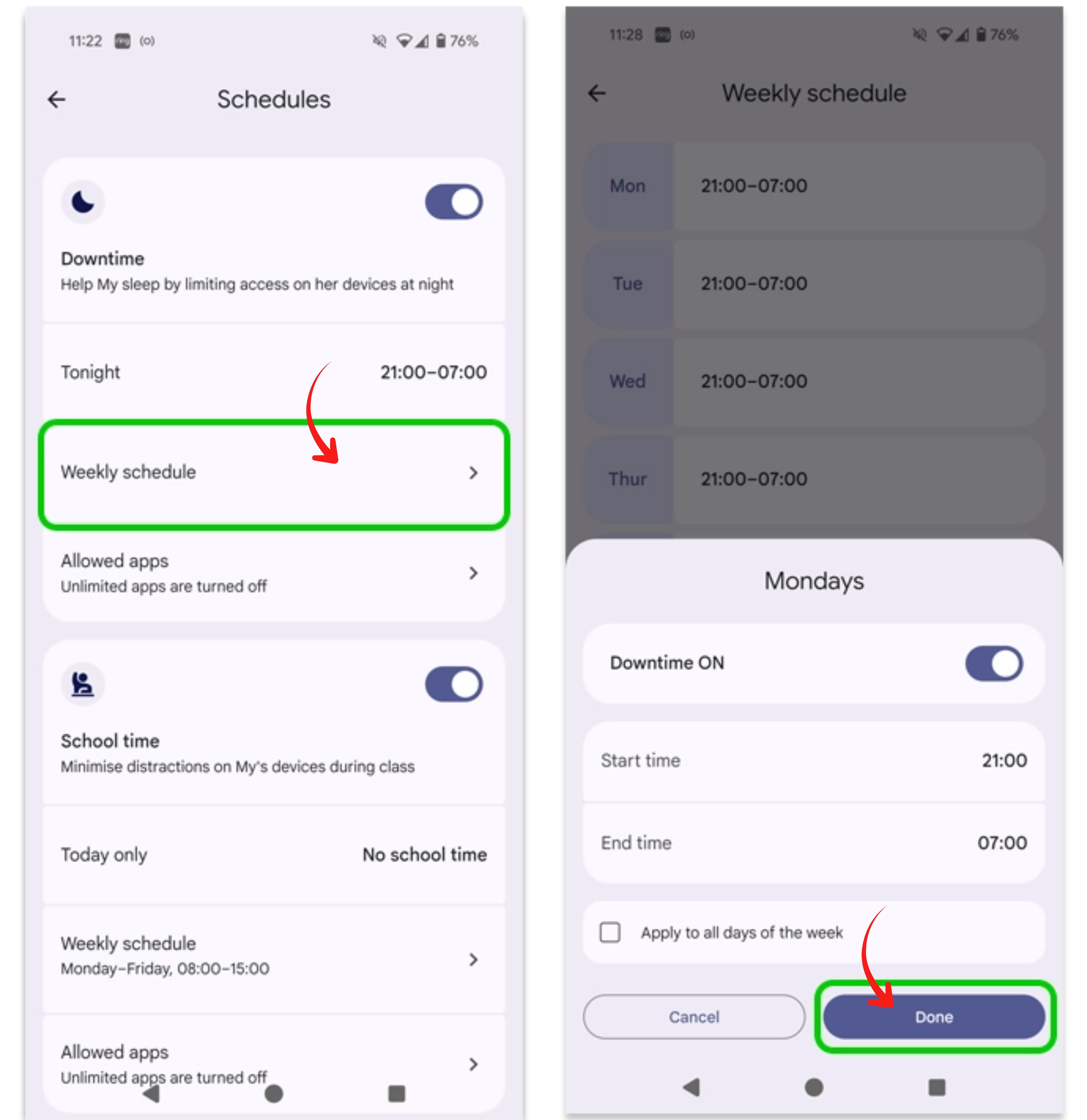Programmer l'heure du coucher Family Link