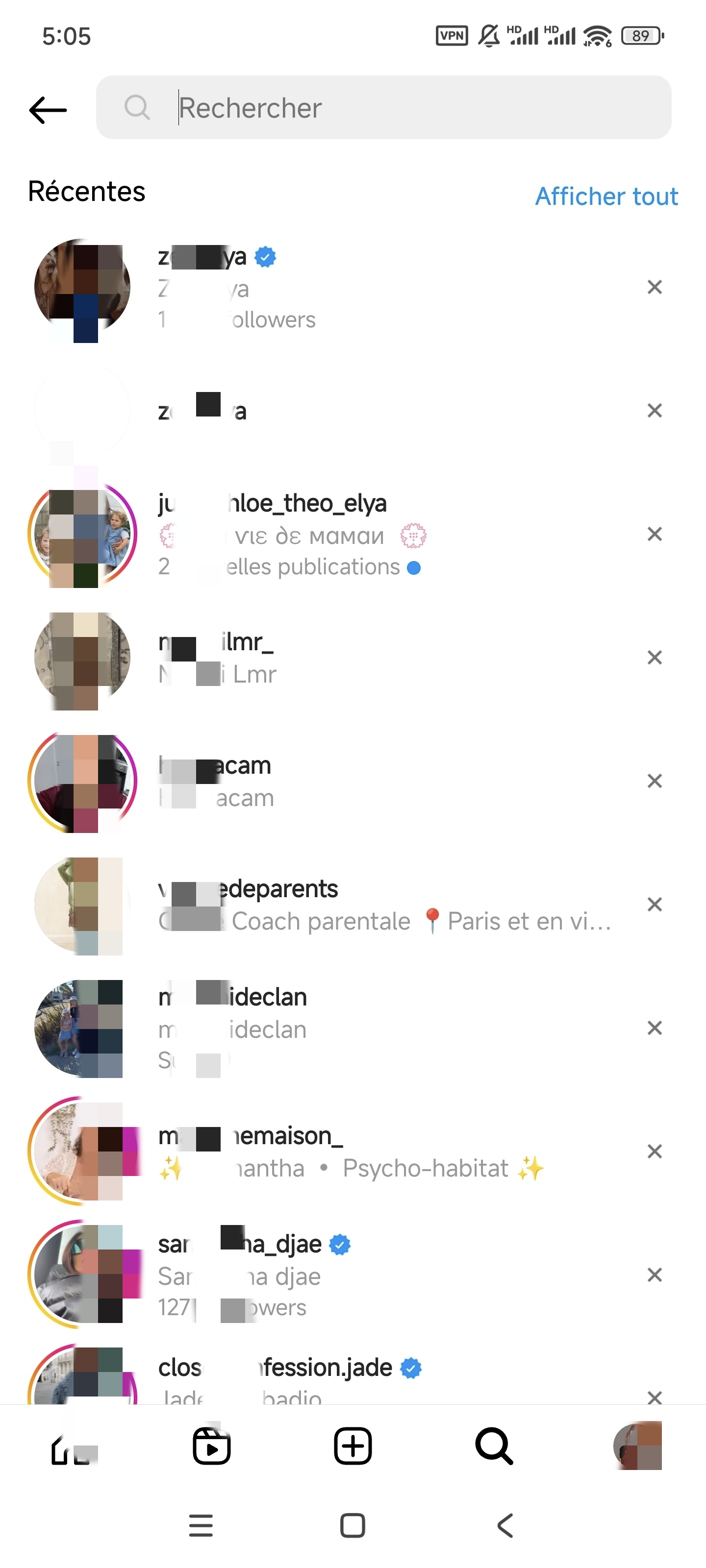 Historique de recherche sur Instagram