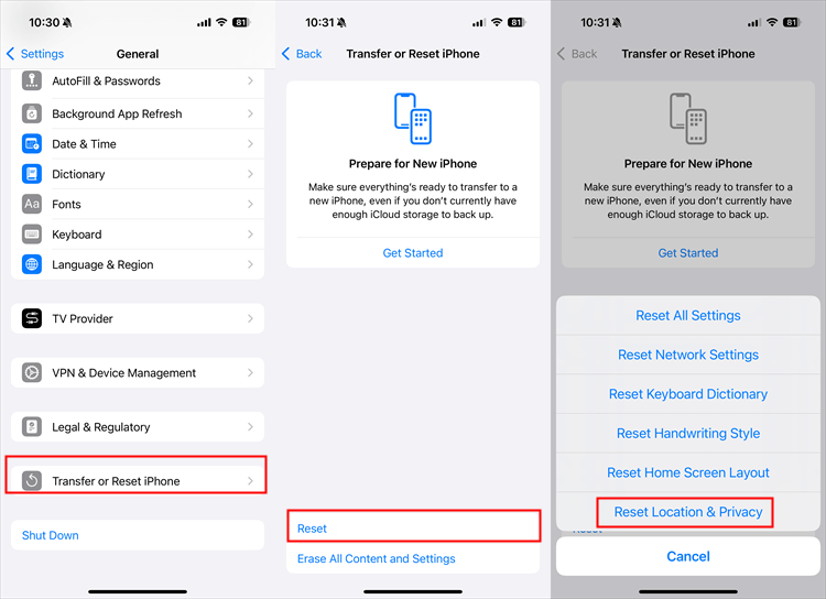 iOS reset location and privacy