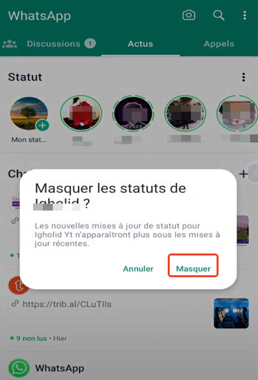 Masquer les statuts WhatsApp de quelqu'un