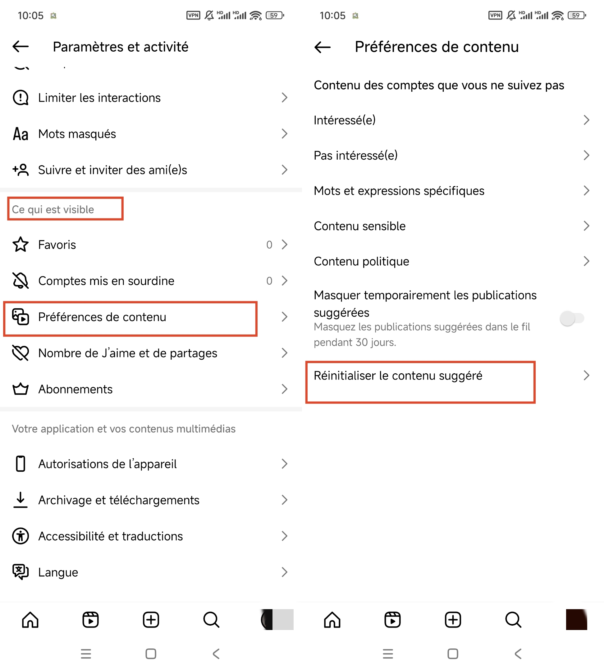 Réinitialiser les suggestions de contenu Instagram