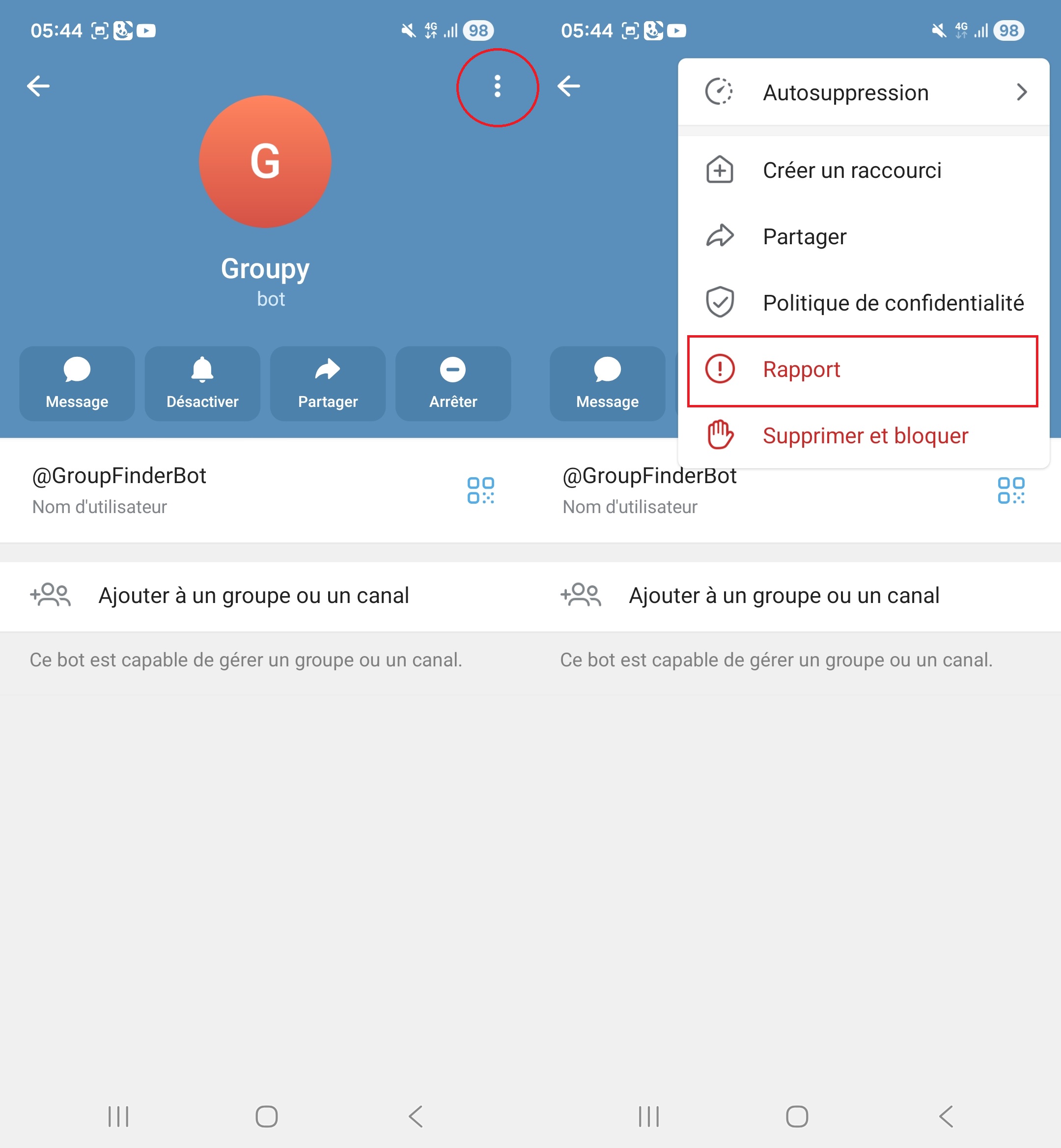 Signaler un bot sur Telegram