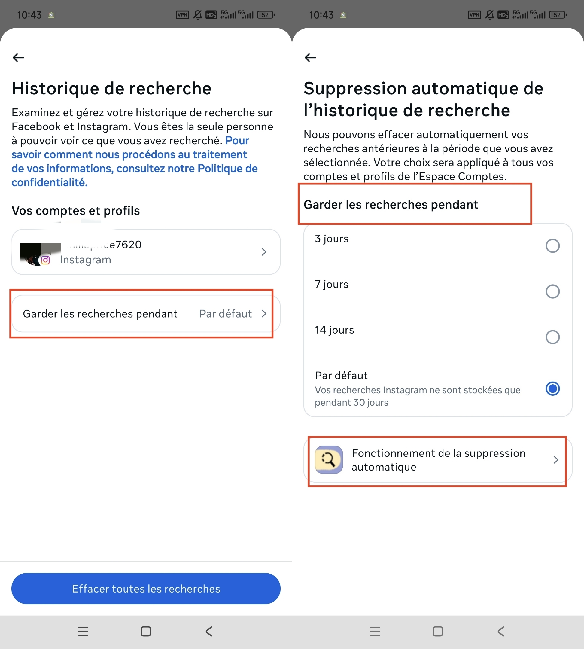 Suppression automatique historique recherche Instagram