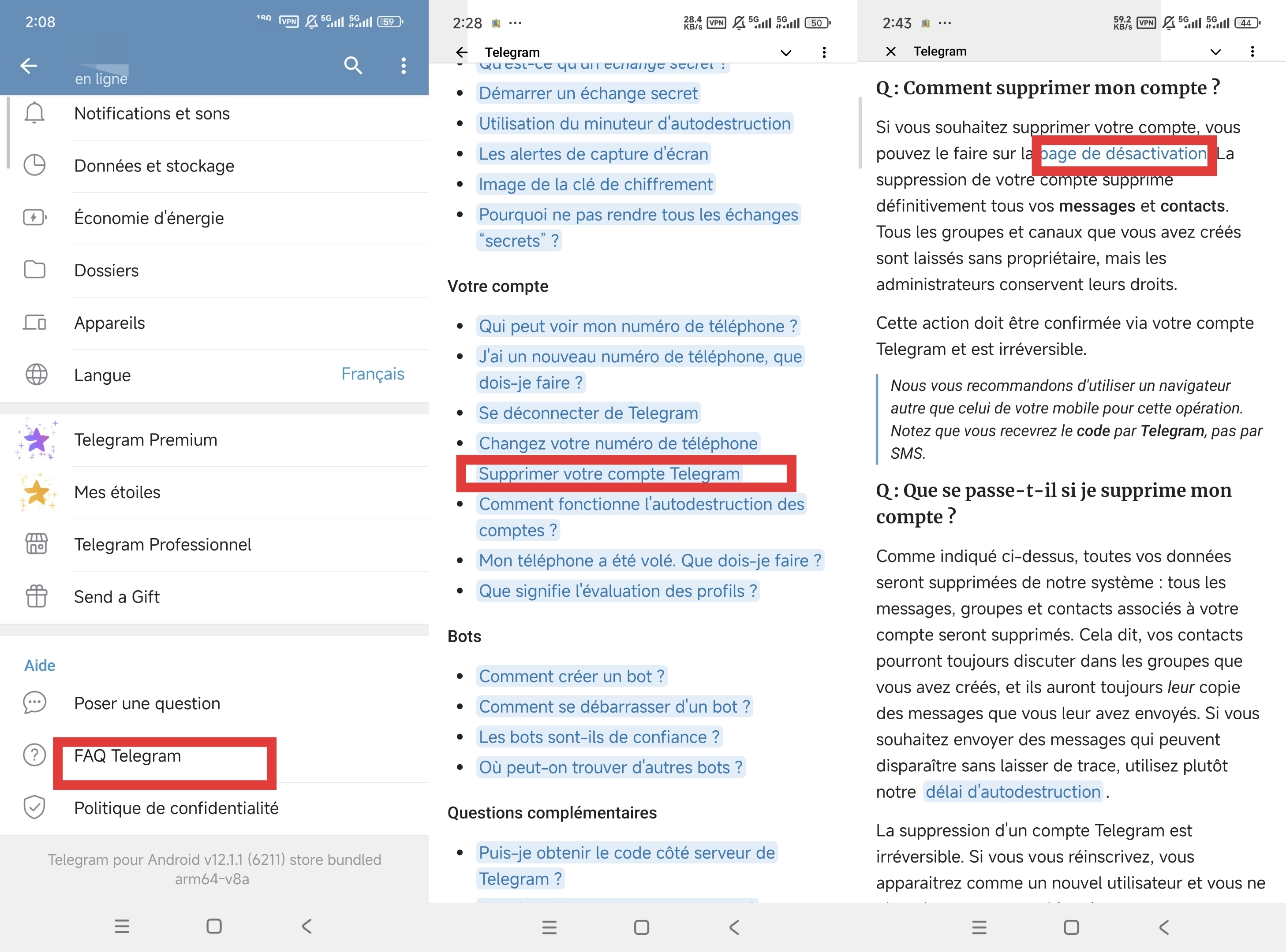 Supprimer compte Telegram Android iPhone