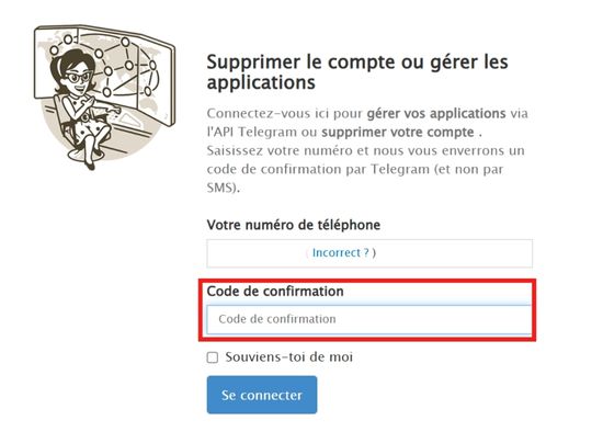 Code de confirmation de suppression compte Telegram