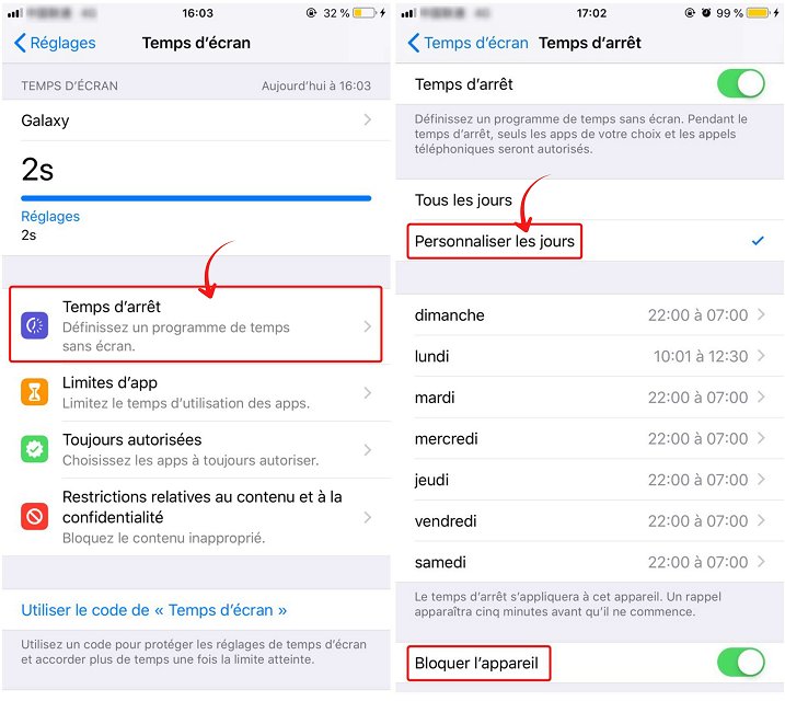 Cofigurer temps d’arrêt sur iPhone