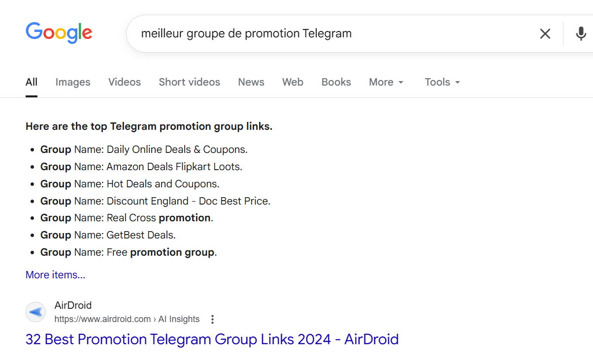 trouver des groupes Telegram sur les moteurs de recherche
